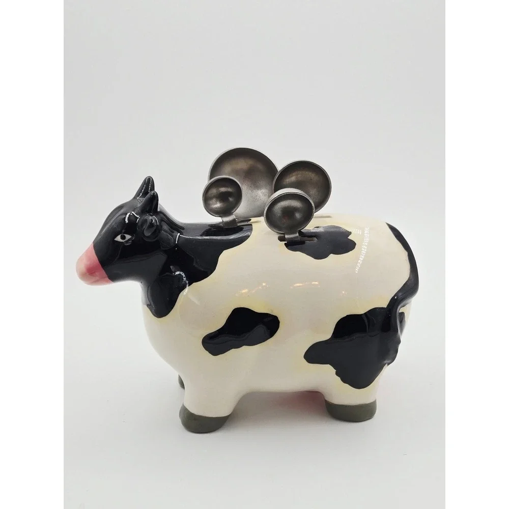 Vtg Ceramic Cow Measuring Spoon Holder with 4 Stainless Steel Spoons Black White